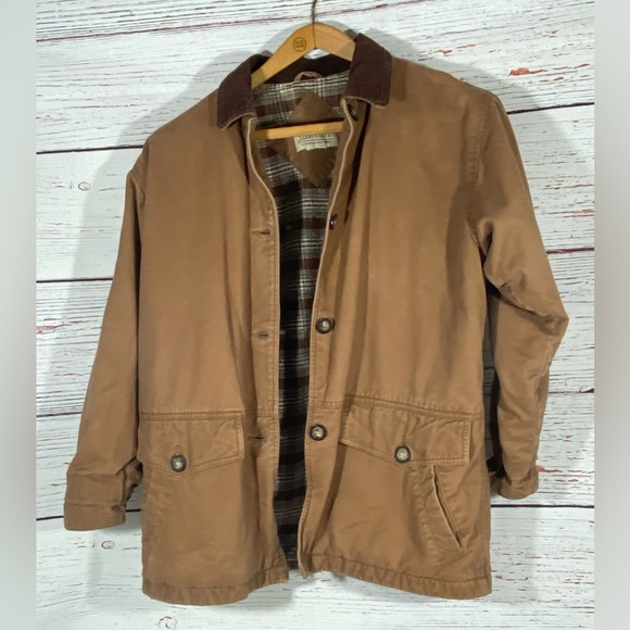 St Johns Bay Womens Medium Barn Jacket Chore Coat Tan Brown Plaid Flannel Lined - Picture 9 of 14